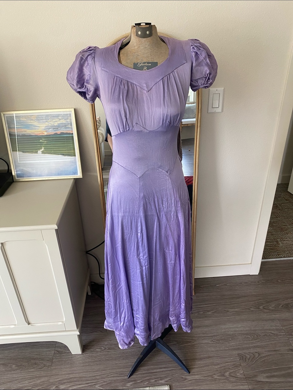 Vintage 1940s Purple Puff-Sleeve Midi Dress